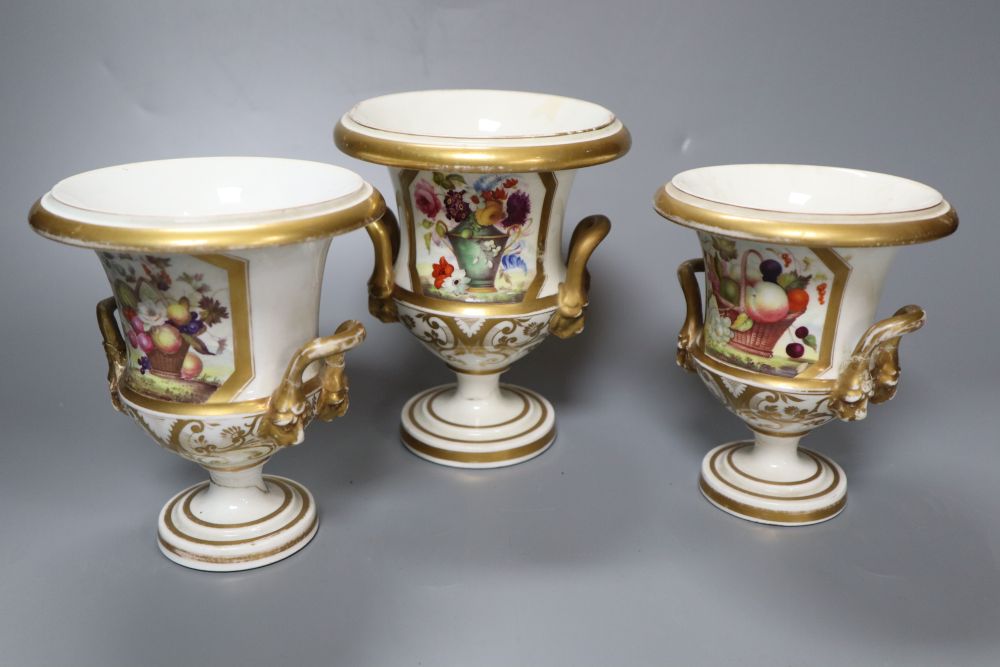 A set of three early 19th century Derby campana vases, height 15cm (a.f.)